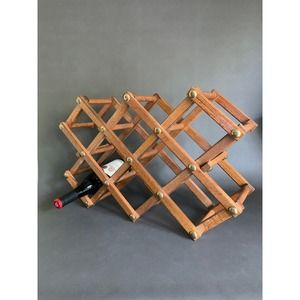 VTG solid oak foldable wine rack brass storage countertop portable bar decor